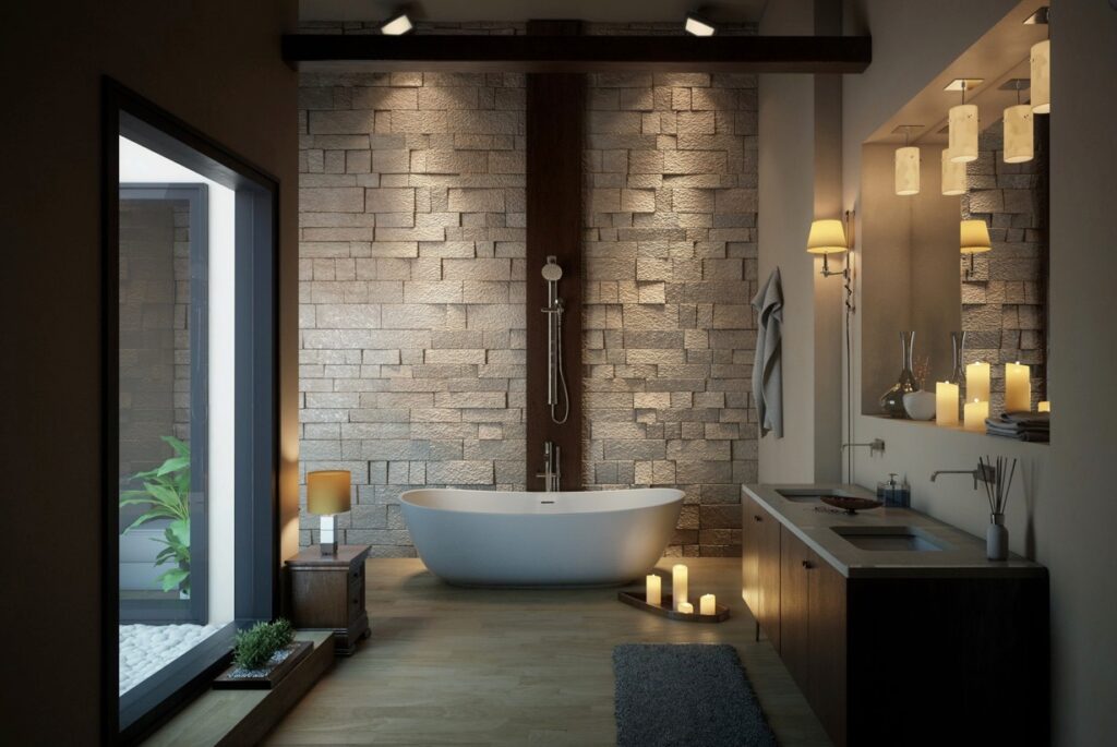 Modern bathroom with stone walls