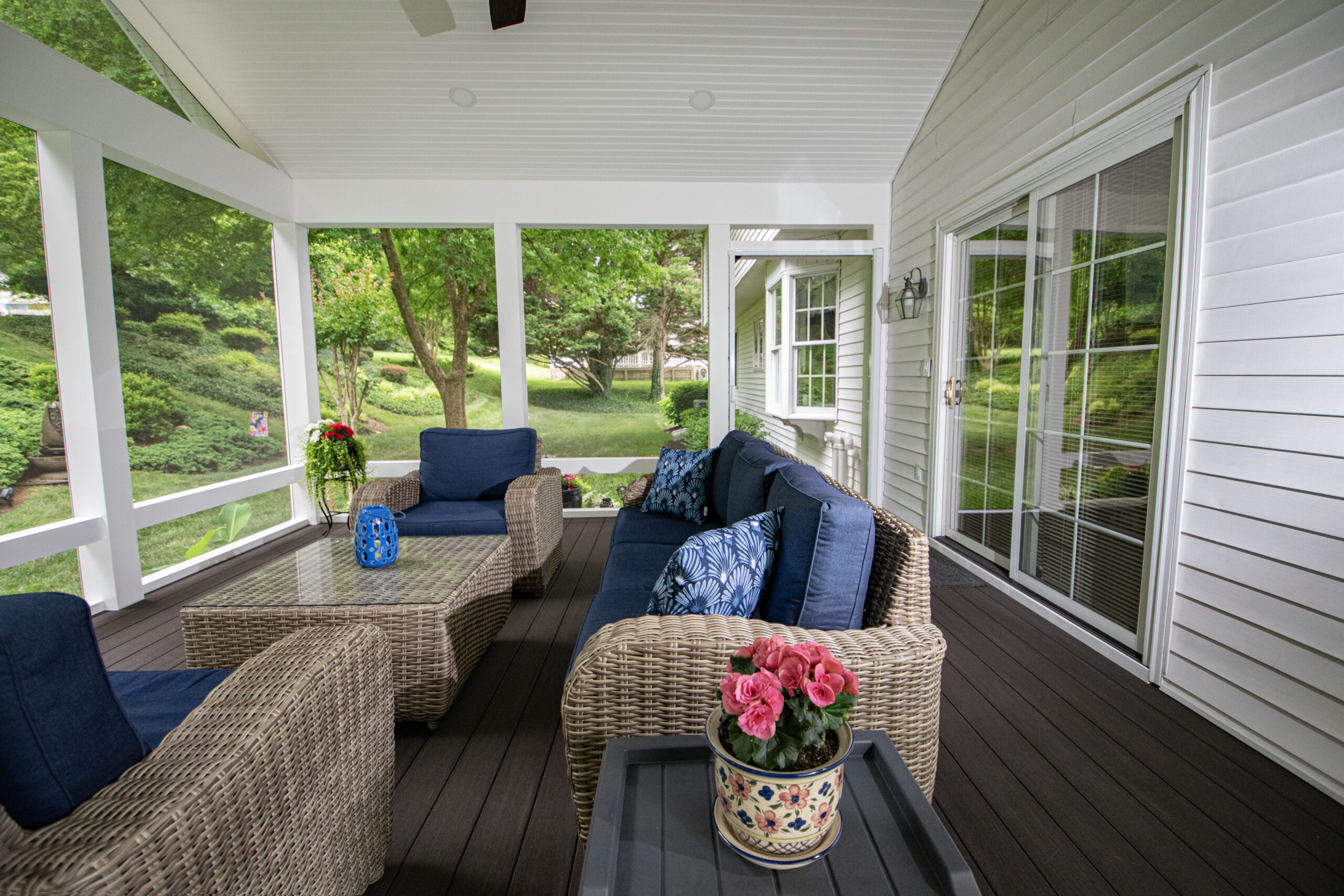 Covered porch over deck with large windows