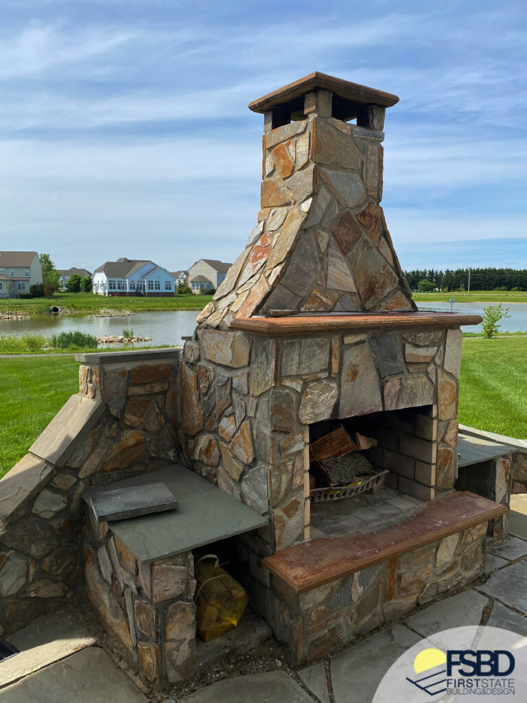 Stone fireplace on patio