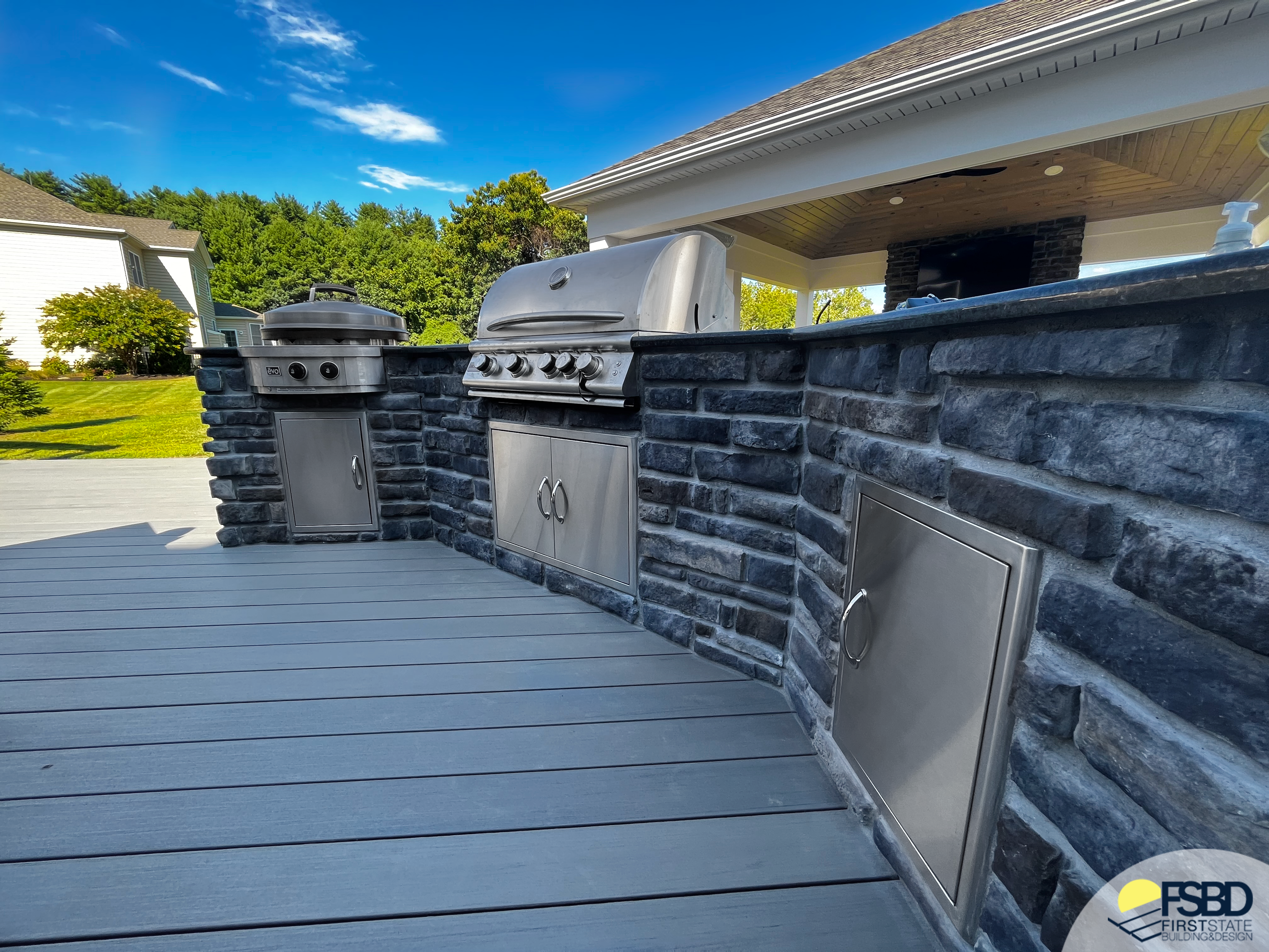Outdoor kitchen with stone countertops