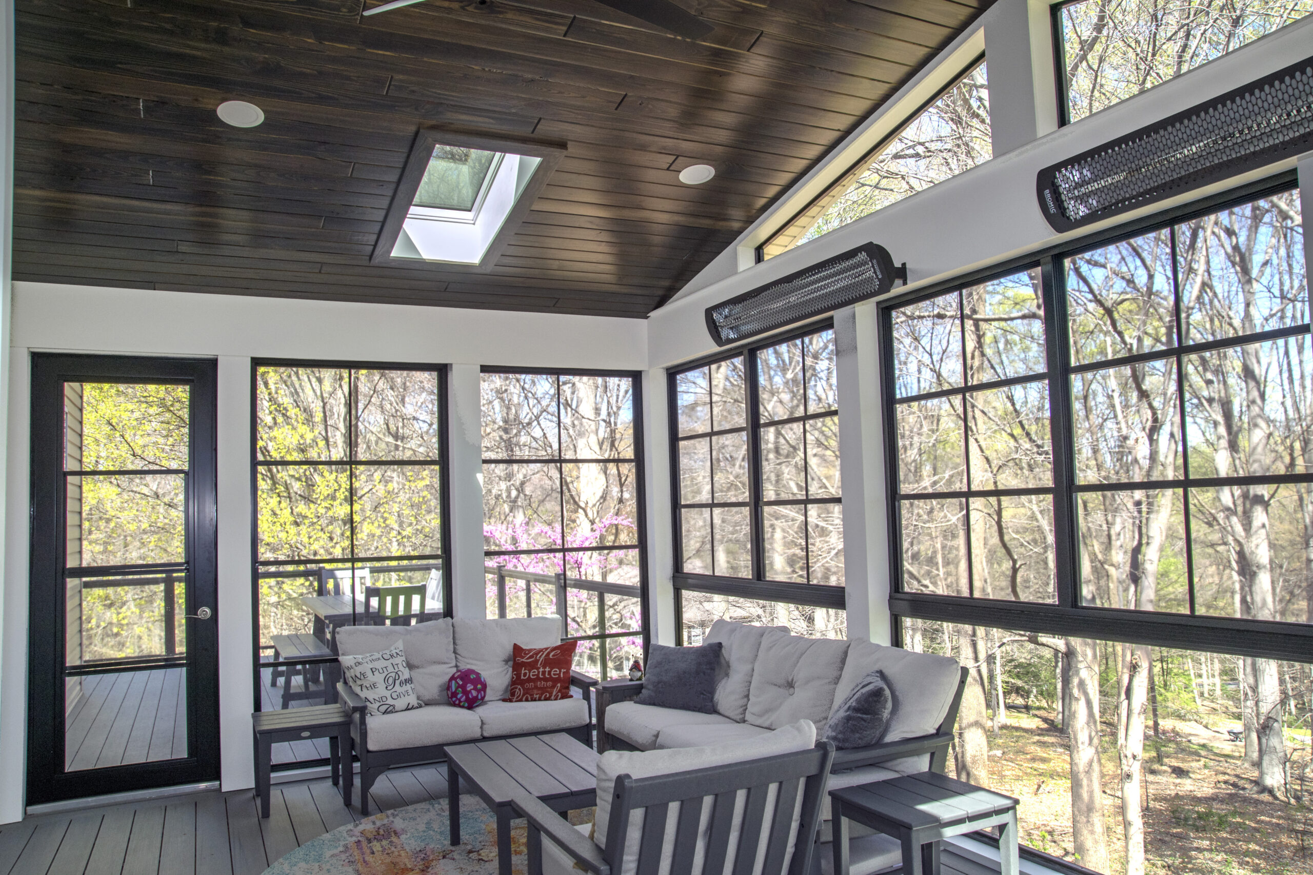 Covered porch with windows overlooking backyard