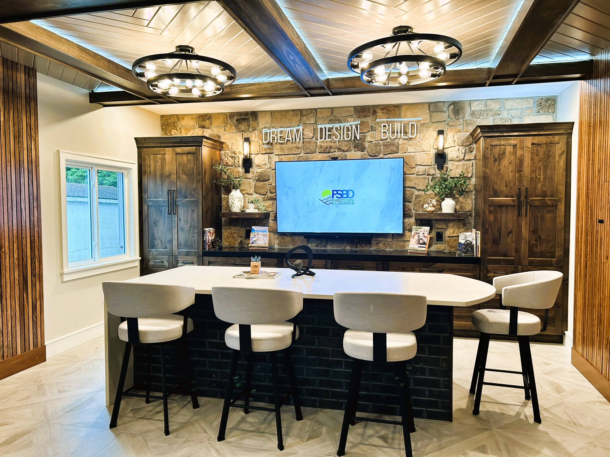FSBD Showroom with stone walls and wood cabinetry